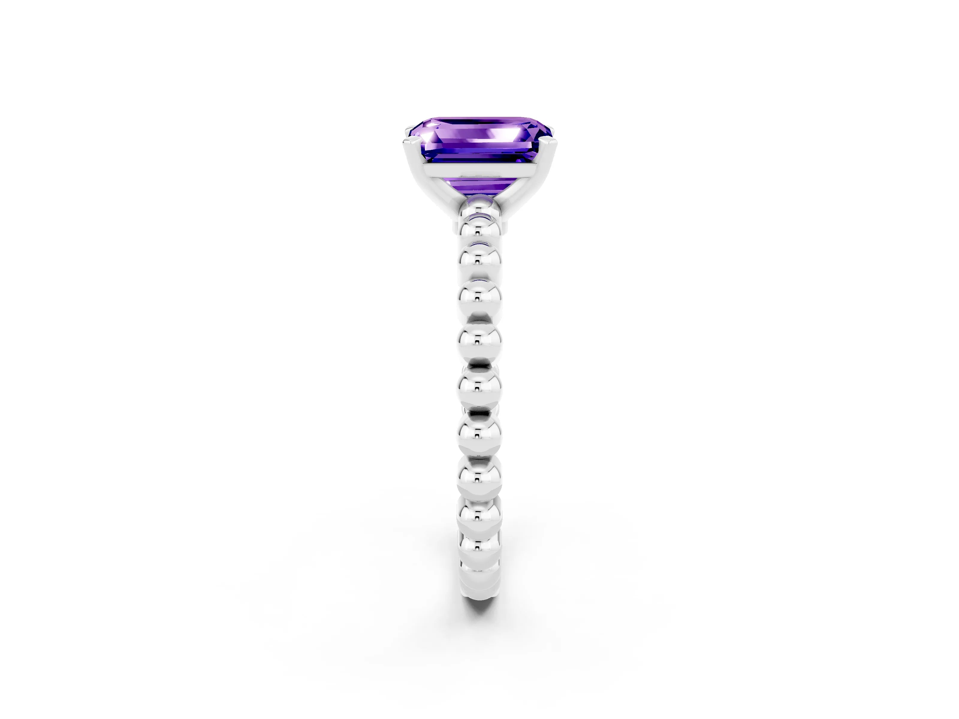 White gold Emerald Cut Tanzanite Solitaire Ring with Beaded Band and Prong Setting_14
