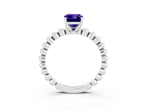 White gold Emerald Cut Tanzanite Solitaire Ring with Beaded Band and Prong Setting