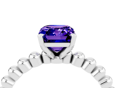 White gold Emerald Cut Tanzanite Solitaire Ring with Beaded Band and Prong Setting_16