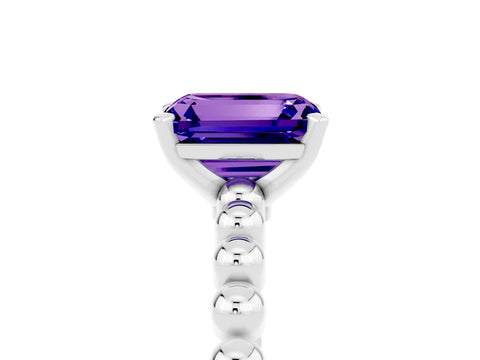 White gold Emerald Cut Tanzanite Solitaire Ring with Beaded Band and Prong Setting_17