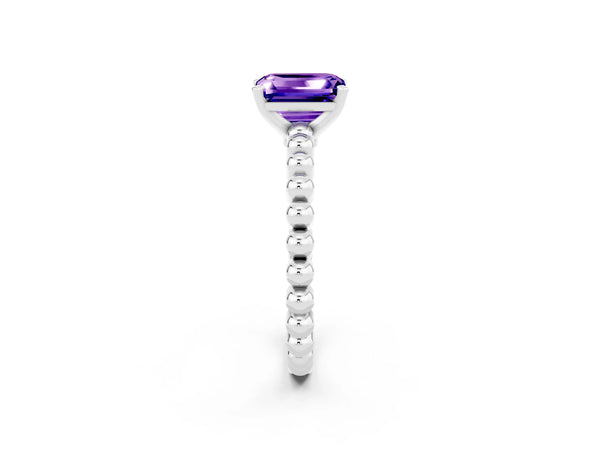 Silver Emerald Cut Tanzanite Solitaire Ring with Beaded Band and Prong Setting