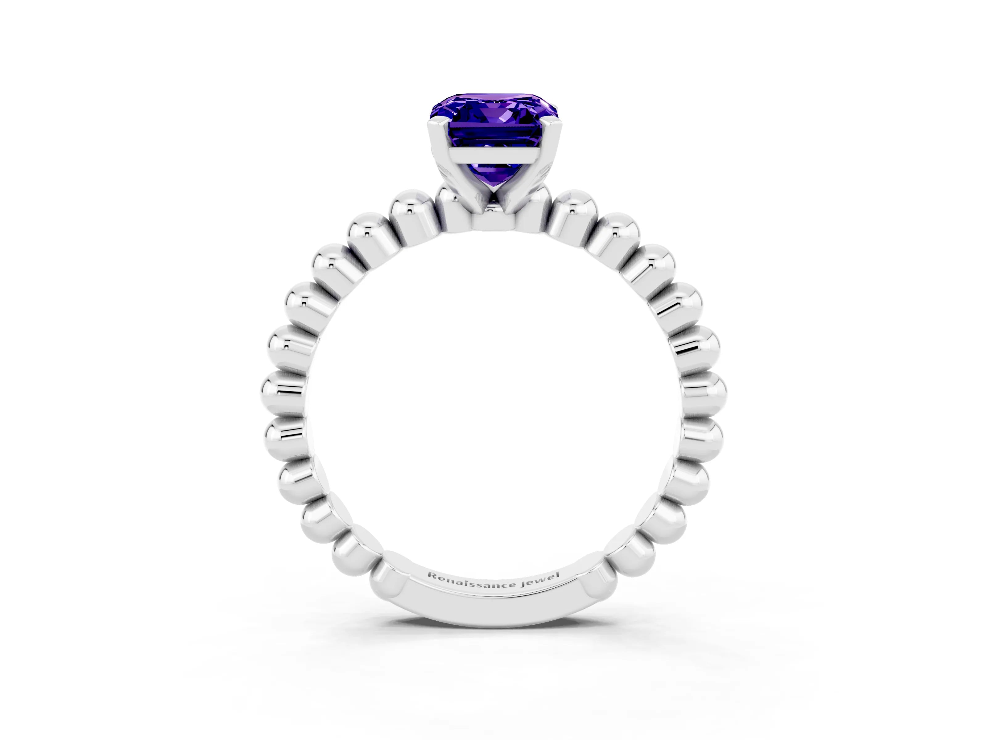 White gold Emerald Cut Tanzanite Solitaire Ring with Beaded Band and Prong Setting_3