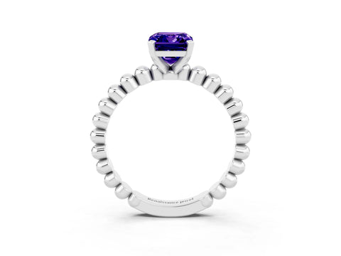 White gold Emerald Cut Tanzanite Solitaire Ring with Beaded Band and Prong Setting_3