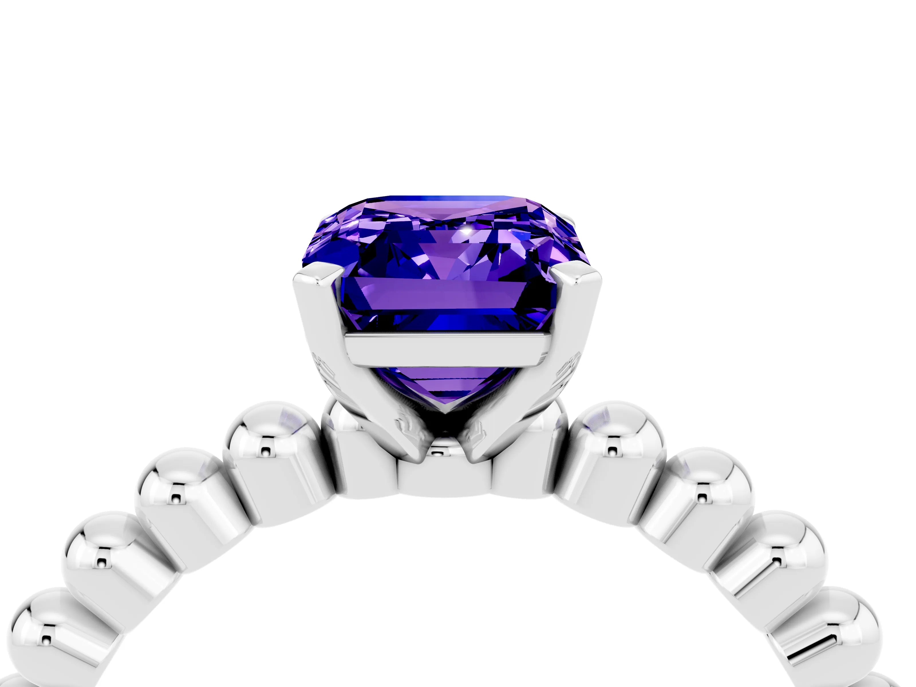 White gold Emerald Cut Tanzanite Solitaire Ring with Beaded Band and Prong Setting_4