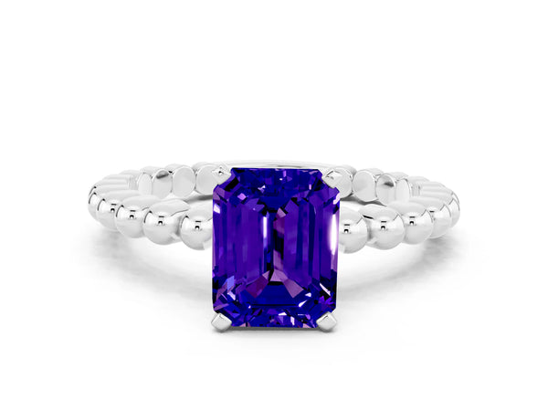 Silver Emerald Cut Tanzanite Solitaire Ring with Beaded Band and Prong Setting