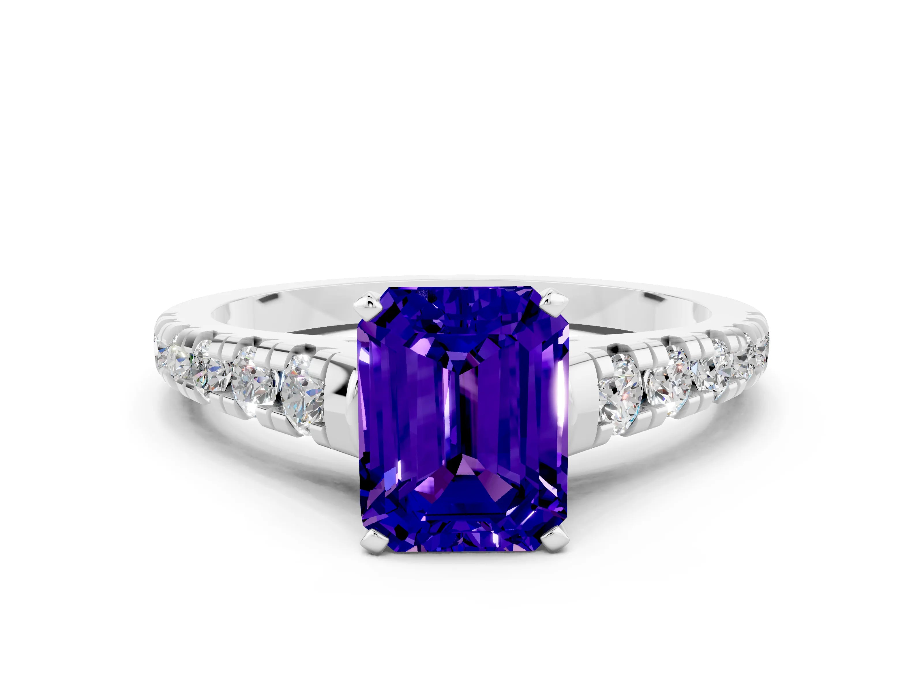 White gold Emerald Cut Tanzanite Solitaire Ring with Cathedral Setting and Pavé Band