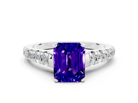 White gold Emerald Cut Tanzanite Solitaire Ring with Cathedral Setting and Pavé Band