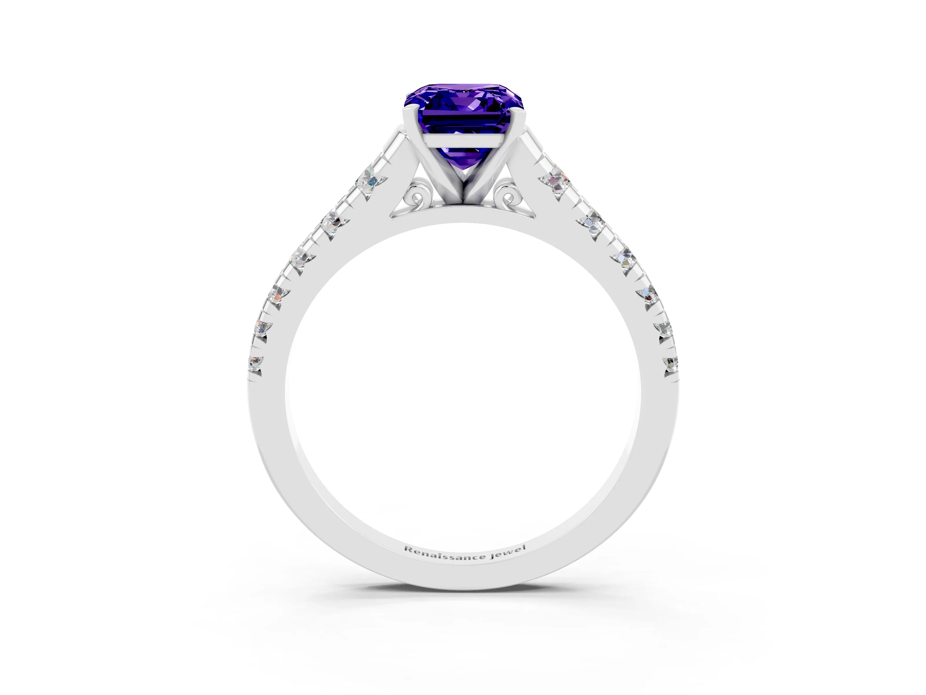White gold Emerald Cut Tanzanite Solitaire Ring with Cathedral Setting and Pavé Band_3