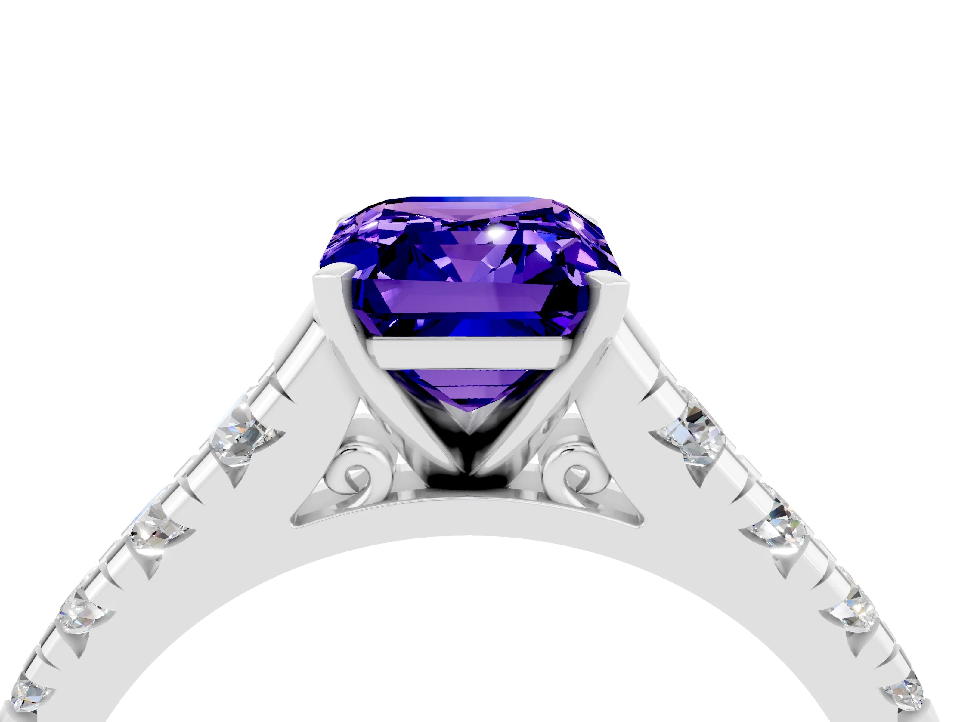 White gold Emerald Cut Tanzanite Solitaire Ring with Cathedral Setting and Pavé Band_4