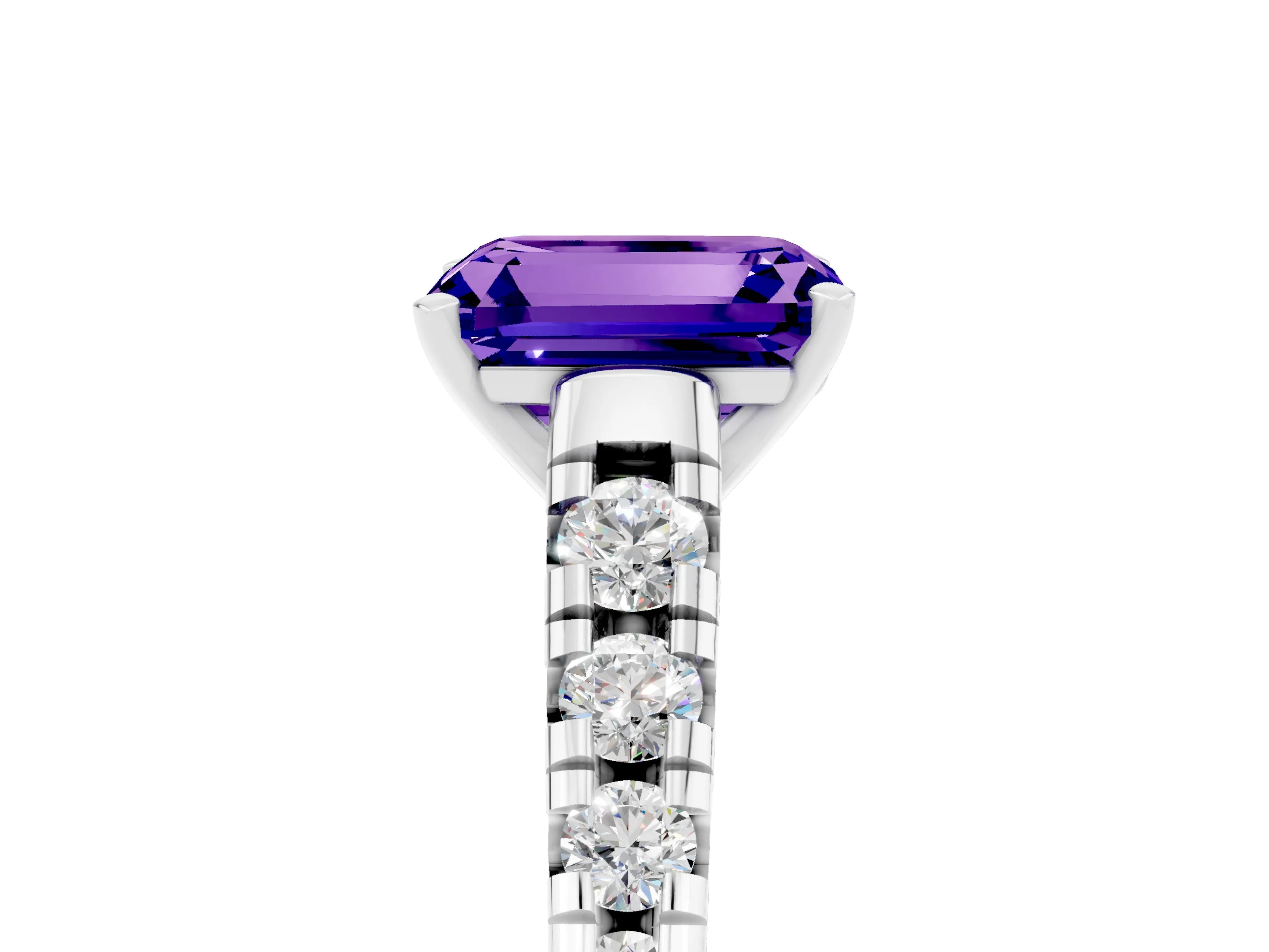 White gold Emerald Cut Tanzanite Solitaire Ring with Cathedral Setting and Pavé Band_5