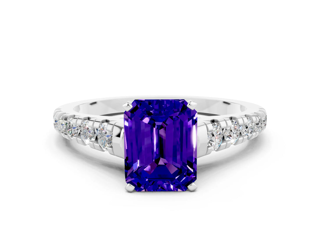 White gold Emerald Cut Tanzanite Solitaire Ring with Cathedral Setting and Pavé Band