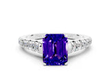 White gold Emerald Cut Tanzanite Solitaire Ring with Cathedral Setting and Pavé Band