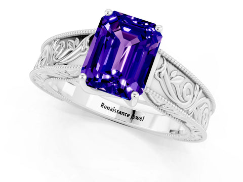White gold Emerald Cut Tanzanite Solitaire Ring with Engraved Band and Four-Prong Setting_1