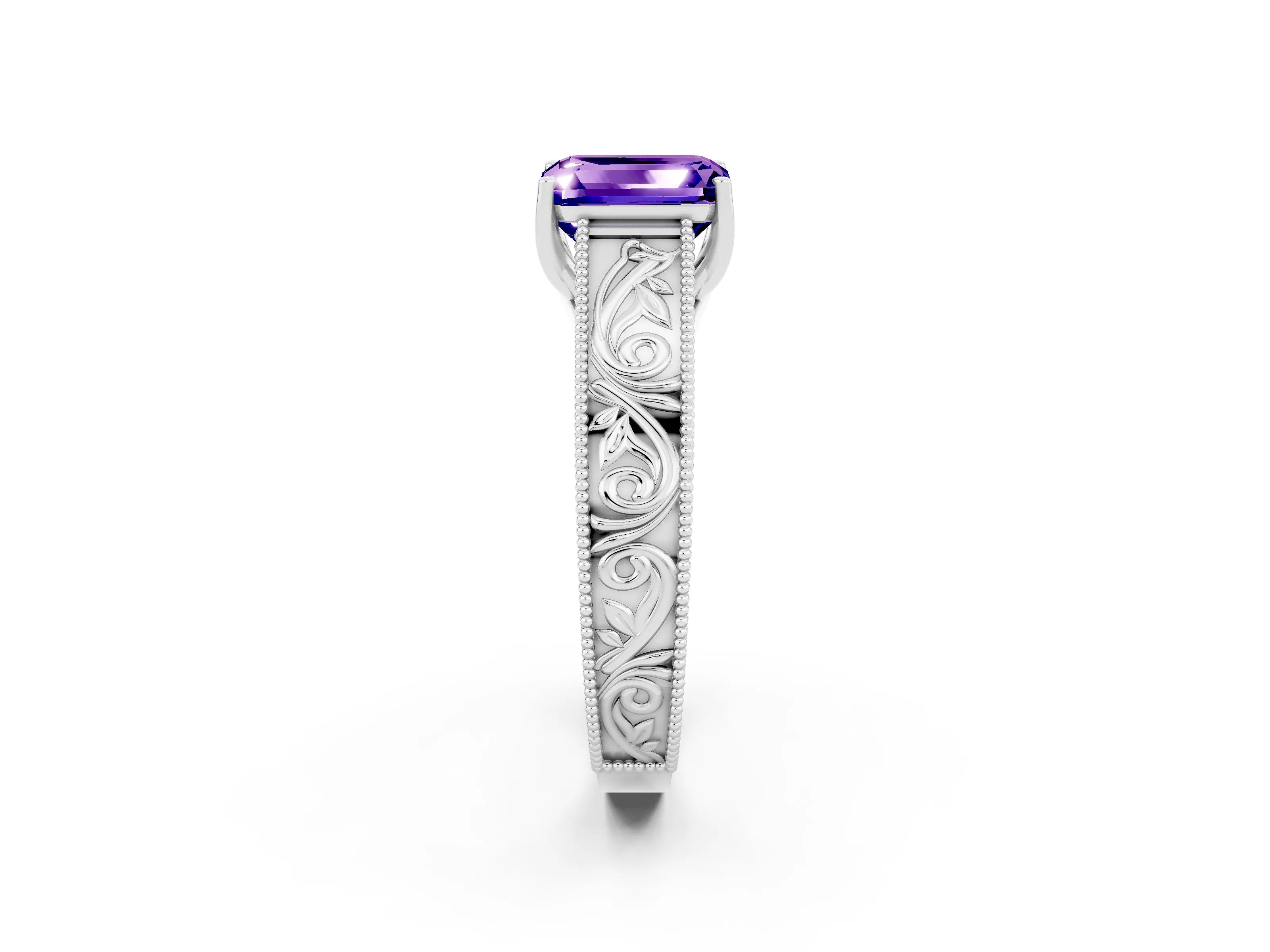 White gold Emerald Cut Tanzanite Solitaire Ring with Engraved Band and Four-Prong Setting_2