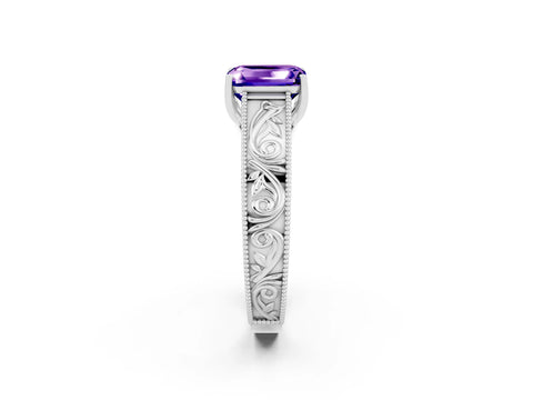 White gold Emerald Cut Tanzanite Solitaire Ring with Engraved Band and Four-Prong Setting_2
