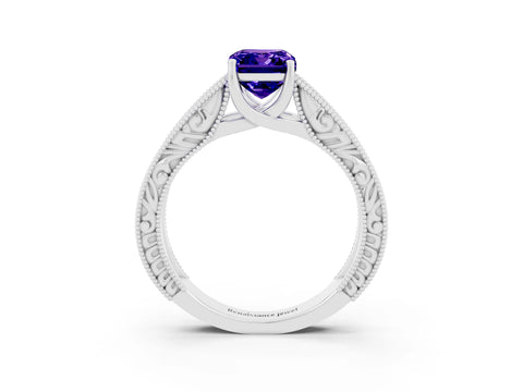 White gold Emerald Cut Tanzanite Solitaire Ring with Engraved Band and Four-Prong Setting_3