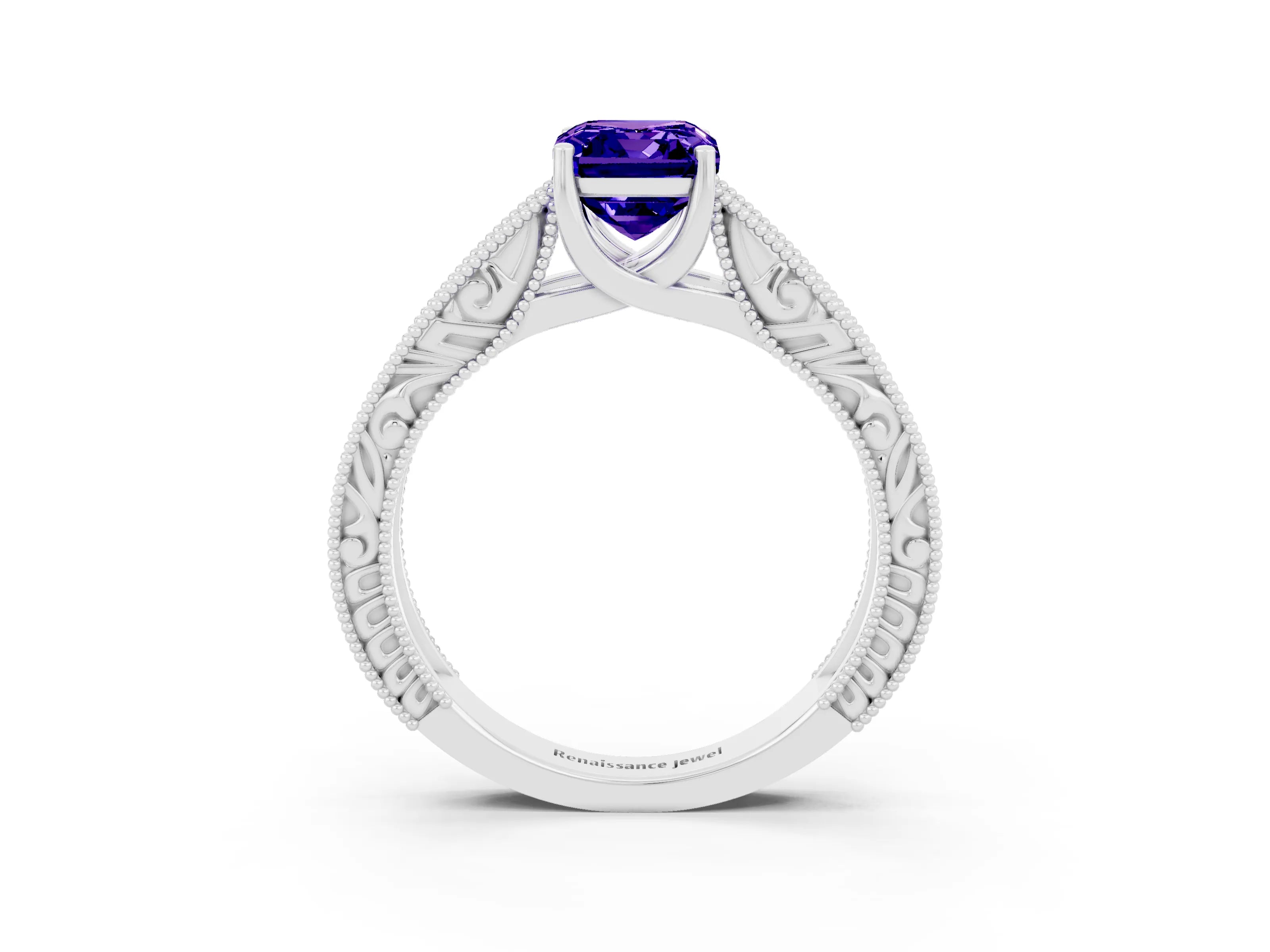 White gold Emerald Cut Tanzanite Solitaire Ring with Engraved Band and Four-Prong Setting_3