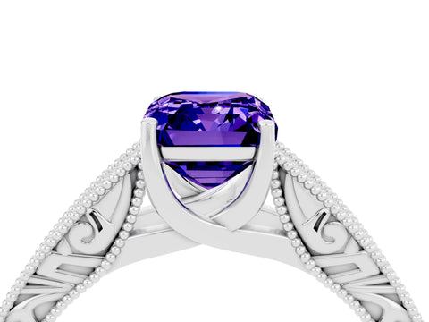 White gold Emerald Cut Tanzanite Solitaire Ring with Engraved Band and Four-Prong Setting_4