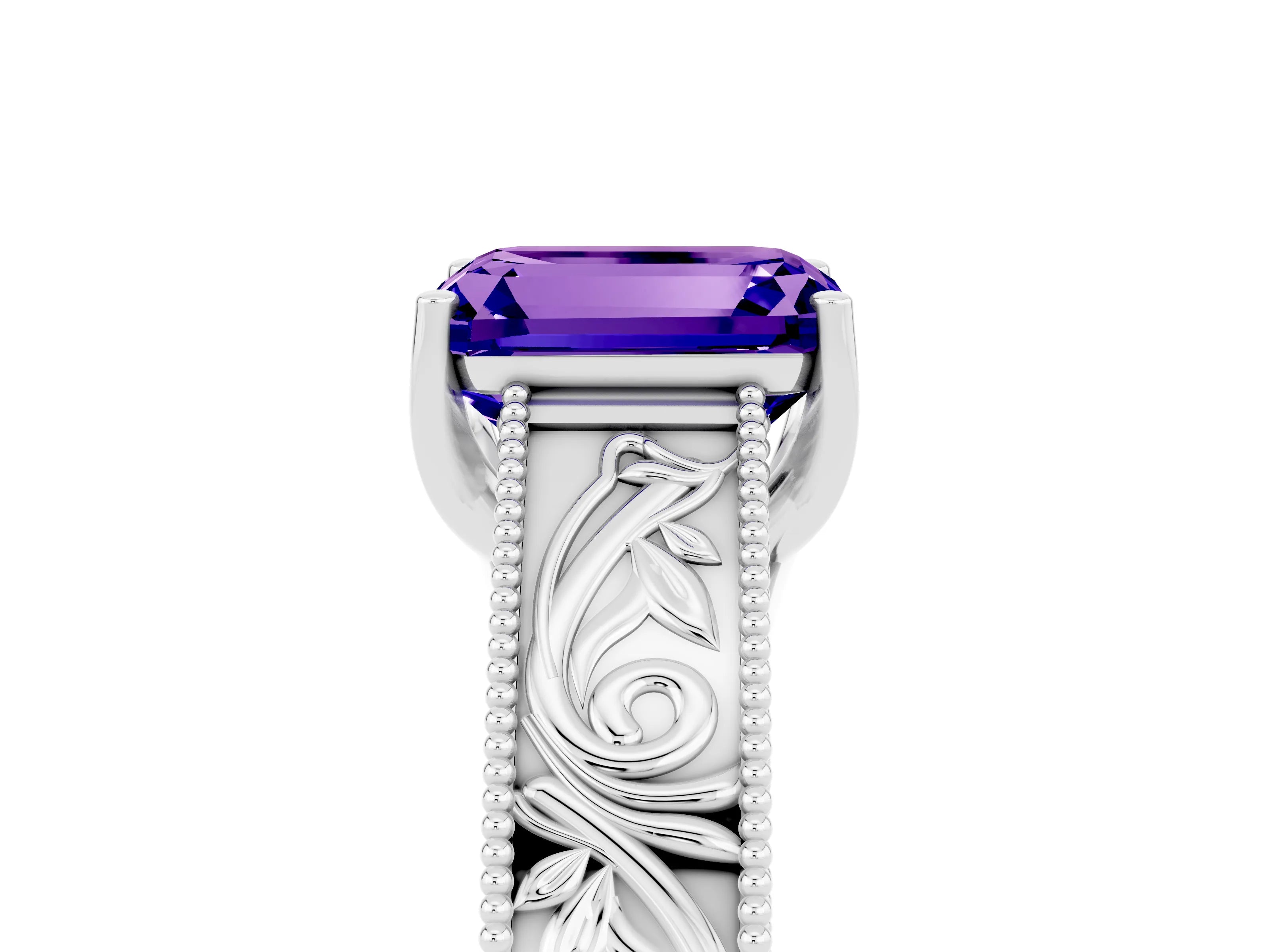 White gold Emerald Cut Tanzanite Solitaire Ring with Engraved Band and Four-Prong Setting_5