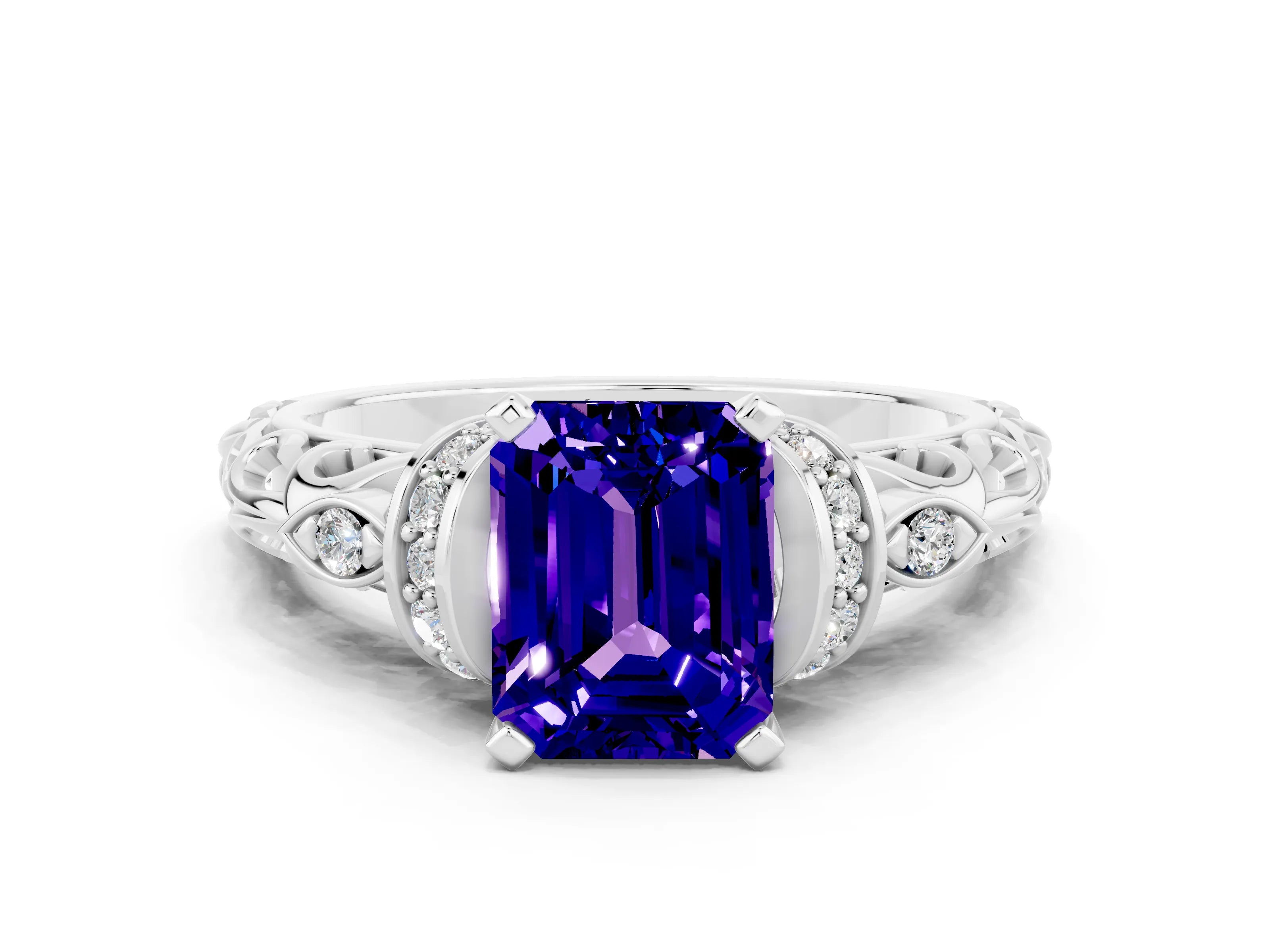 White gold Emerald Cut Tanzanite Solitaire Ring with Filigree Band and Four-Prong Setting_24