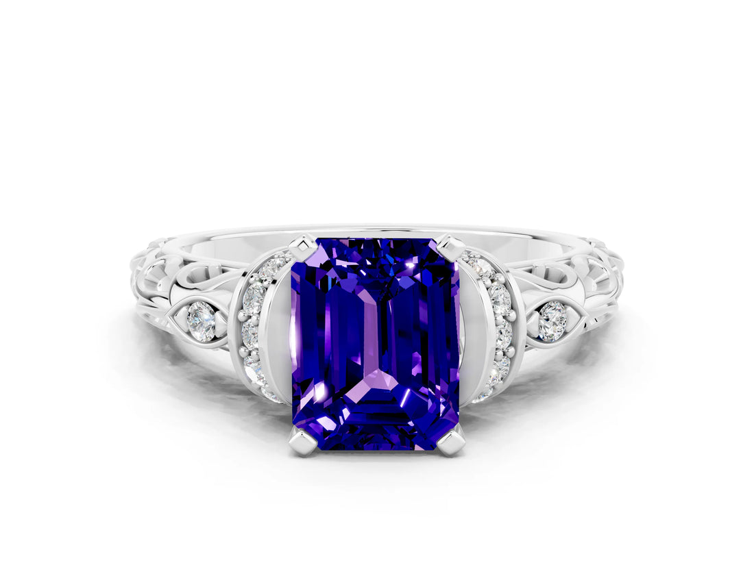 White gold Emerald Cut Tanzanite Solitaire Ring with Filigree Band and Four-Prong Setting_24