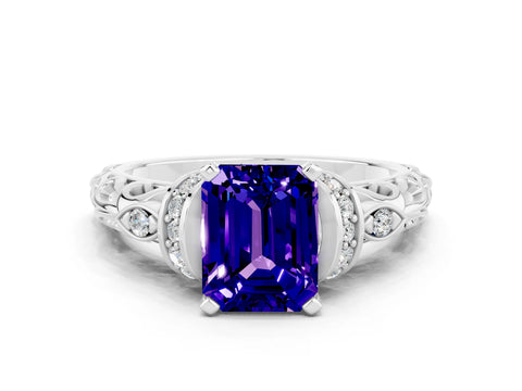 White gold Emerald Cut Tanzanite Solitaire Ring with Filigree Band and Four-Prong Setting_24