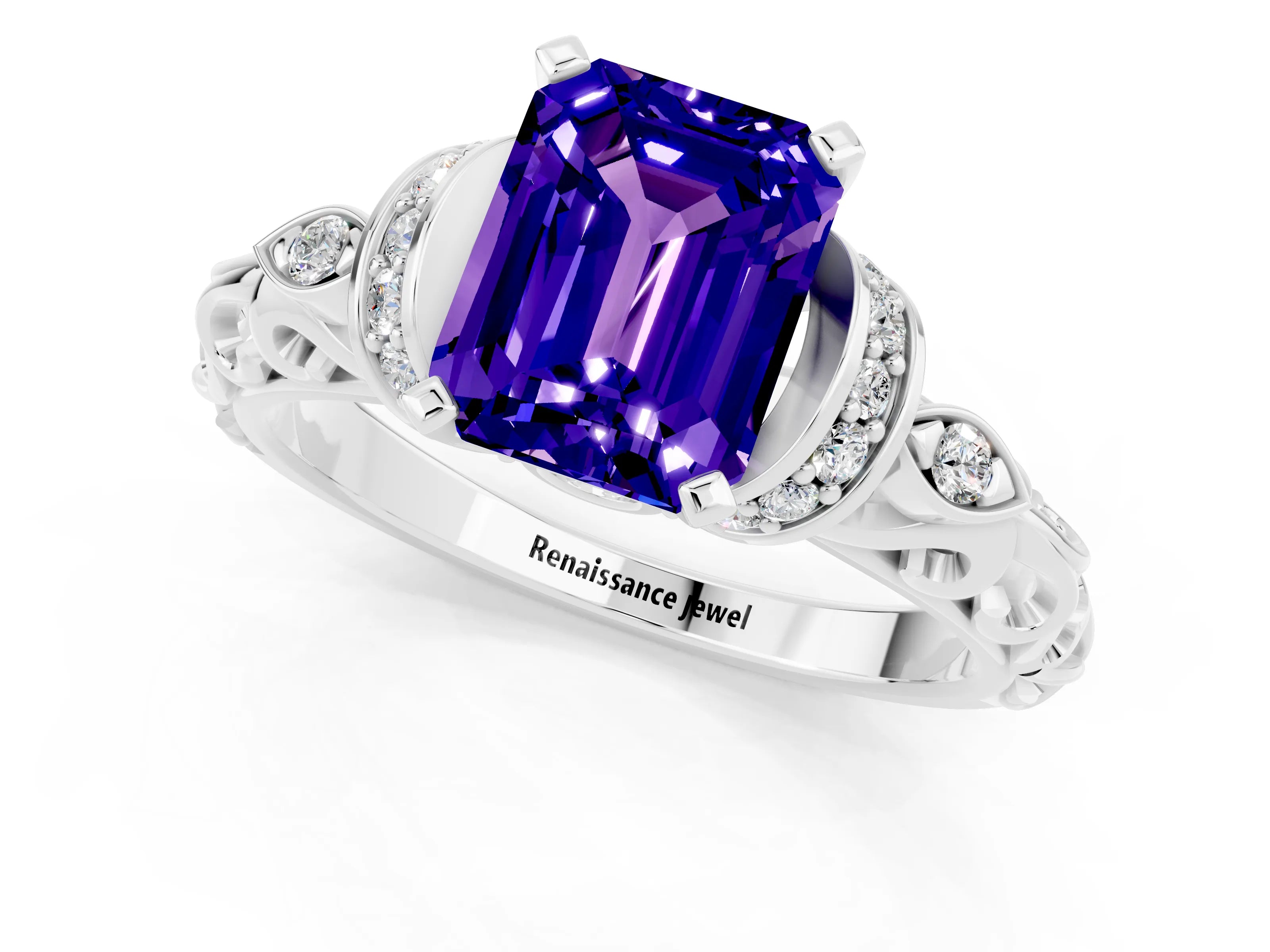 White gold Emerald Cut Tanzanite Solitaire Ring with Filigree Band and Four-Prong Setting_25