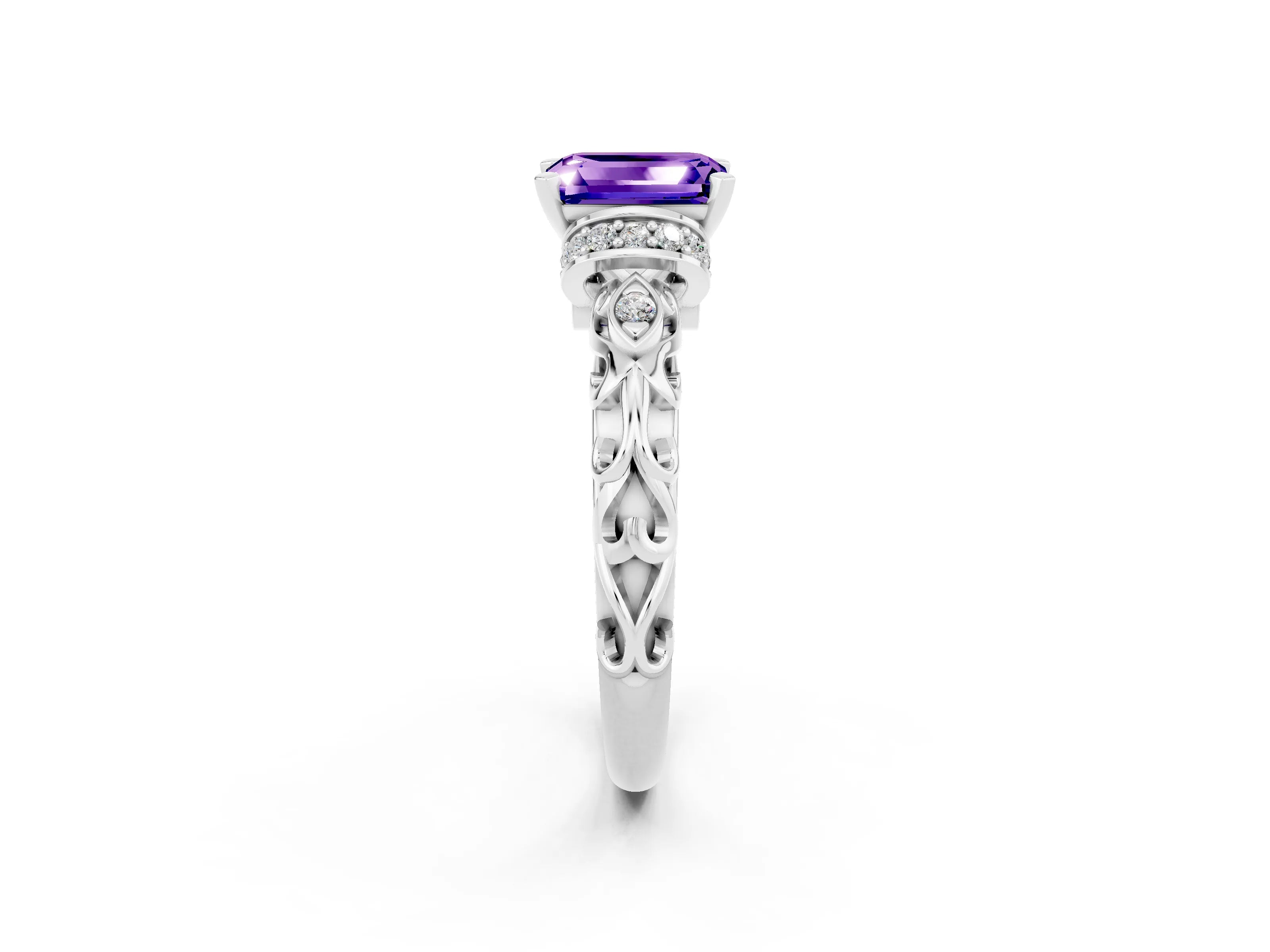 White gold Emerald Cut Tanzanite Solitaire Ring with Filigree Band and Four-Prong Setting_26