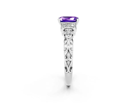 White gold Emerald Cut Tanzanite Solitaire Ring with Filigree Band and Four-Prong Setting_26