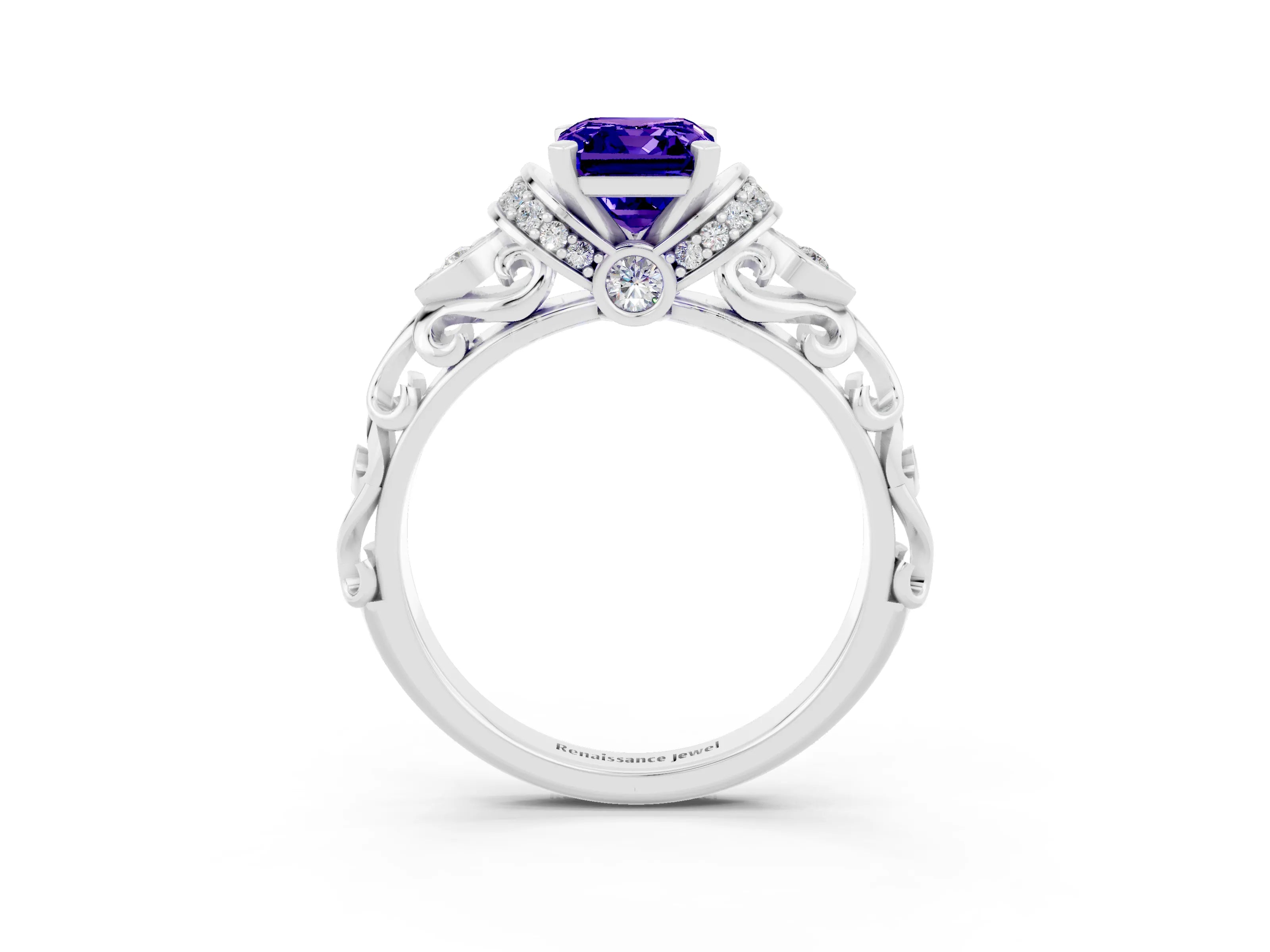 White gold Emerald Cut Tanzanite Solitaire Ring with Filigree Band and Four-Prong Setting_27