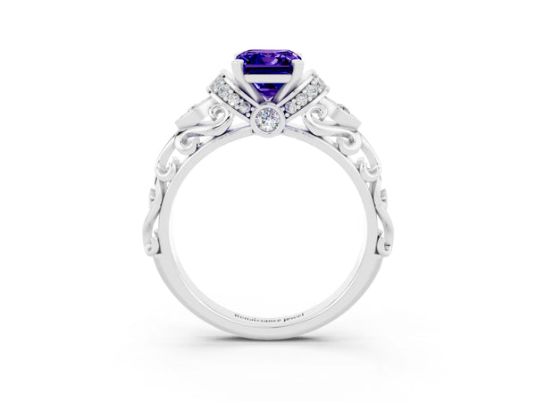 Silver Emerald Cut Tanzanite Solitaire Ring with Filigree Band and Four-Prong Setting