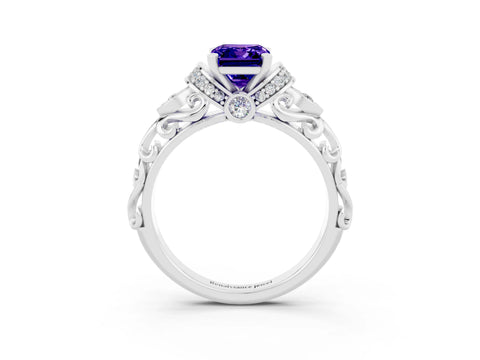 White gold Emerald Cut Tanzanite Solitaire Ring with Filigree Band and Four-Prong Setting_27