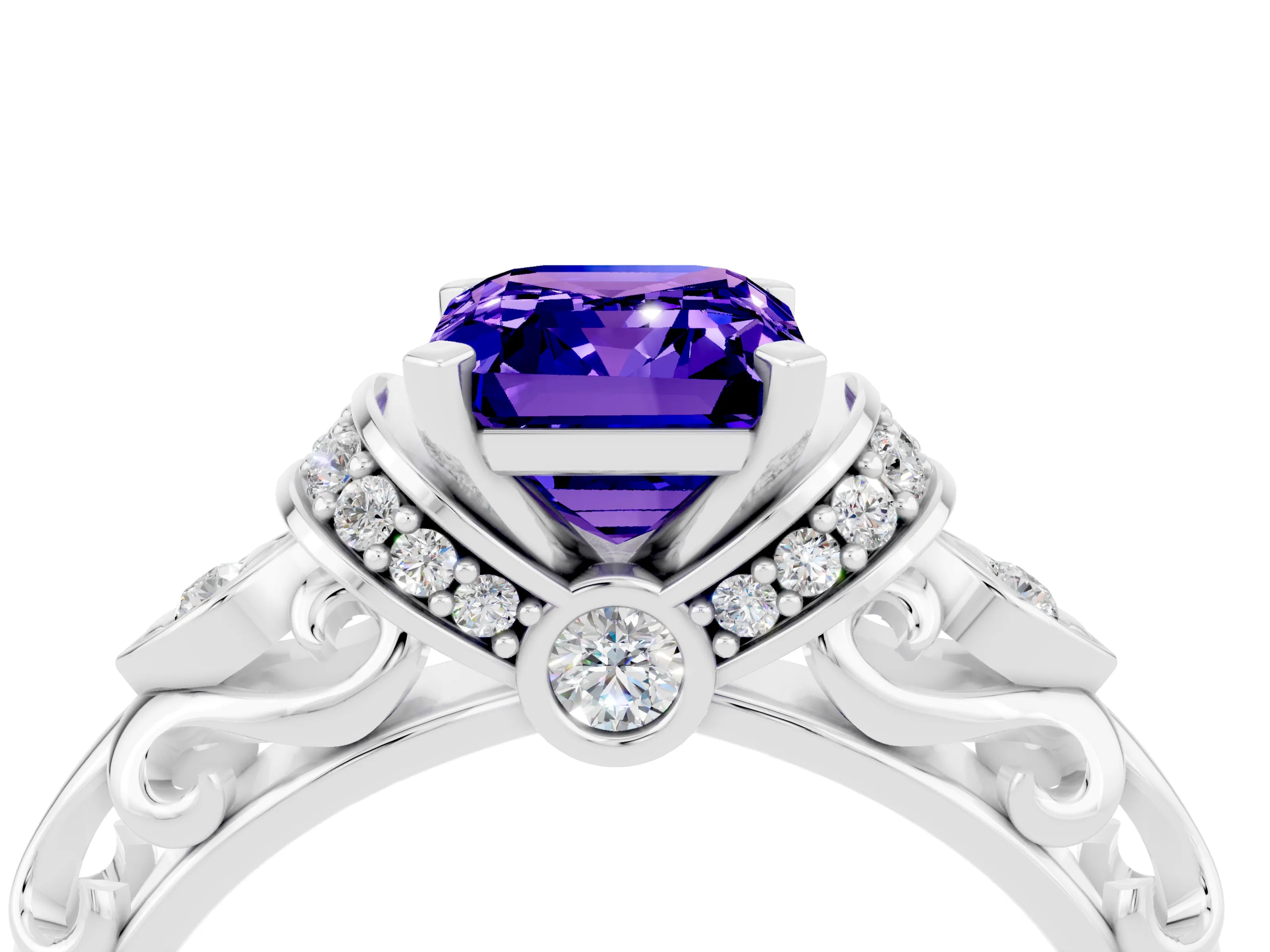 White gold Emerald Cut Tanzanite Solitaire Ring with Filigree Band and Four-Prong Setting_28