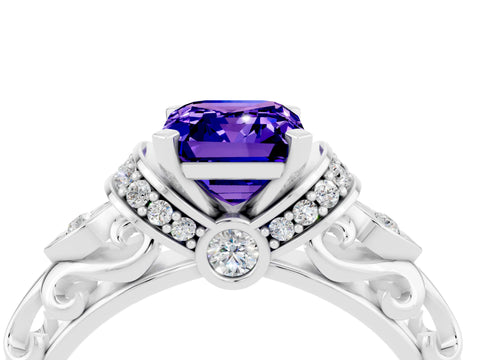 White gold Emerald Cut Tanzanite Solitaire Ring with Filigree Band and Four-Prong Setting_28