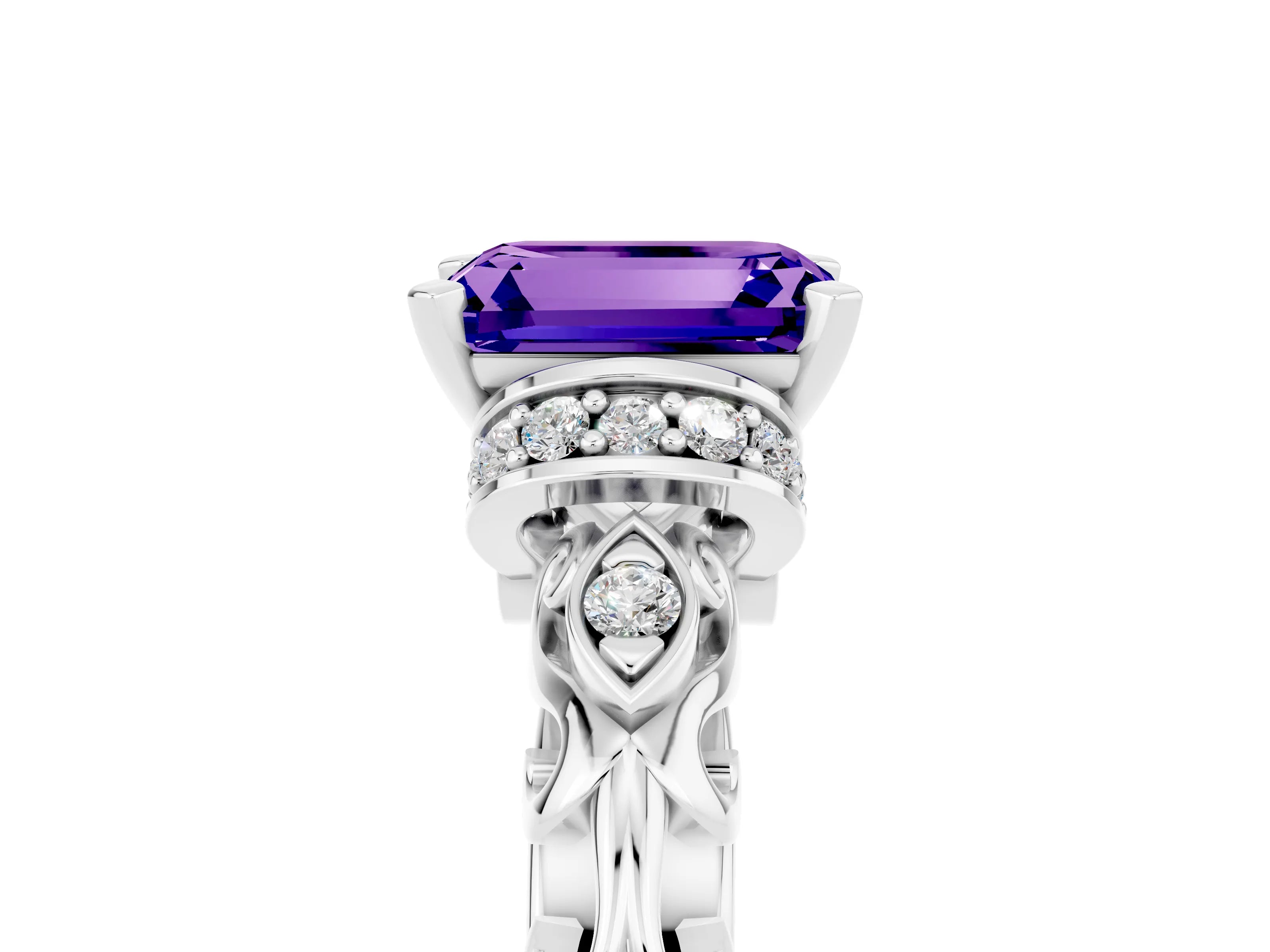 White gold Emerald Cut Tanzanite Solitaire Ring with Filigree Band and Four-Prong Setting_29
