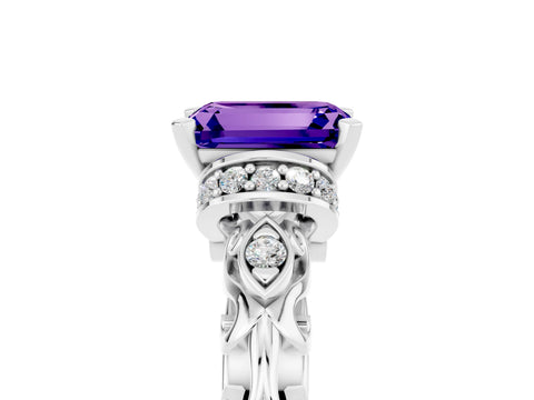White gold Emerald Cut Tanzanite Solitaire Ring with Filigree Band and Four-Prong Setting_29
