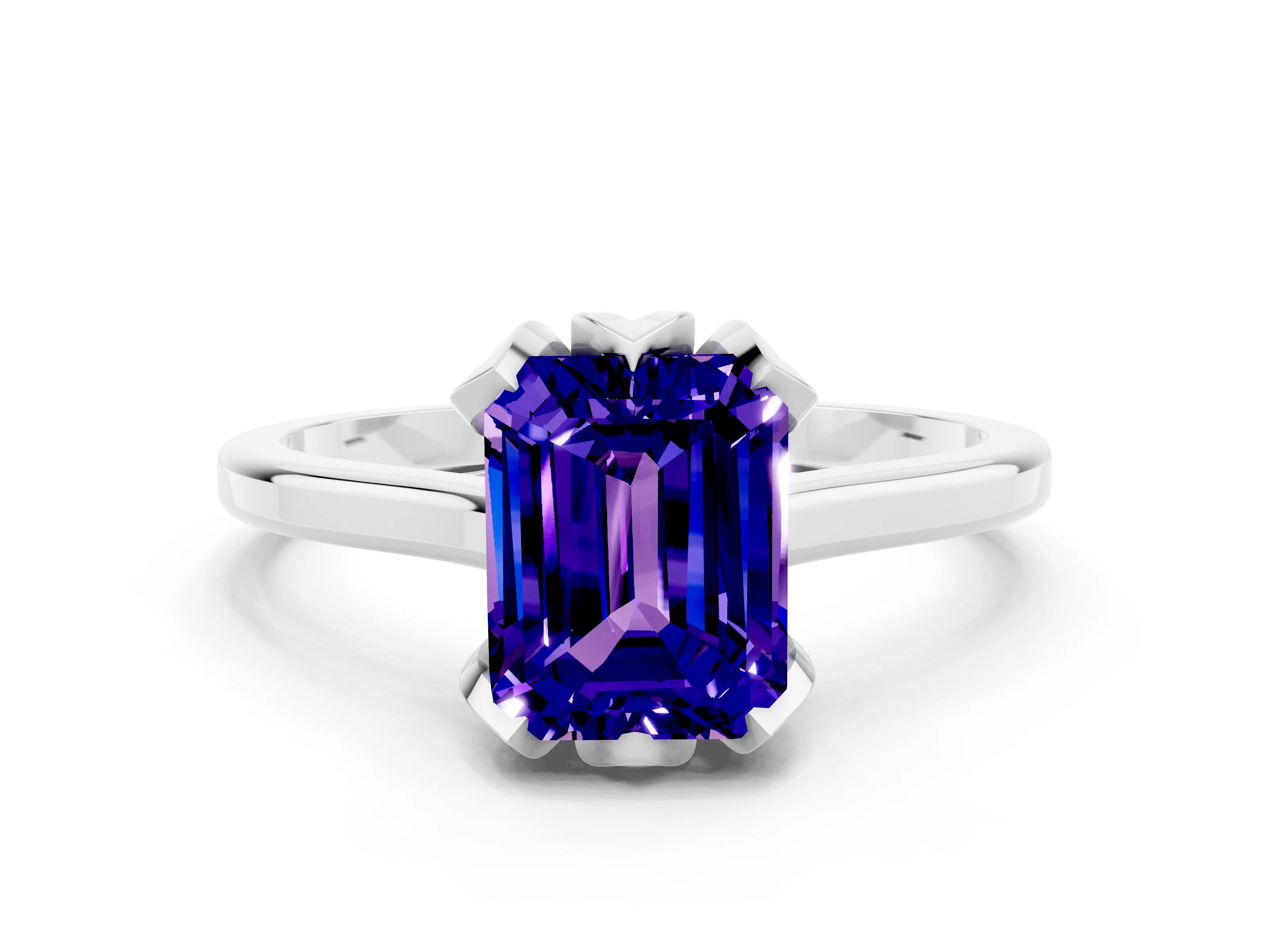 White gold Emerald Cut Tanzanite Solitaire Ring with Flower Prong Setting and Classic Band_12