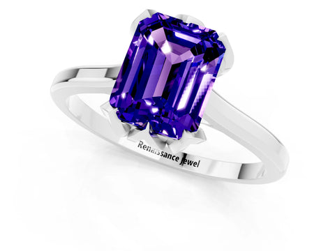White gold Emerald Cut Tanzanite Solitaire Ring with Flower Prong Setting and Classic Band_13