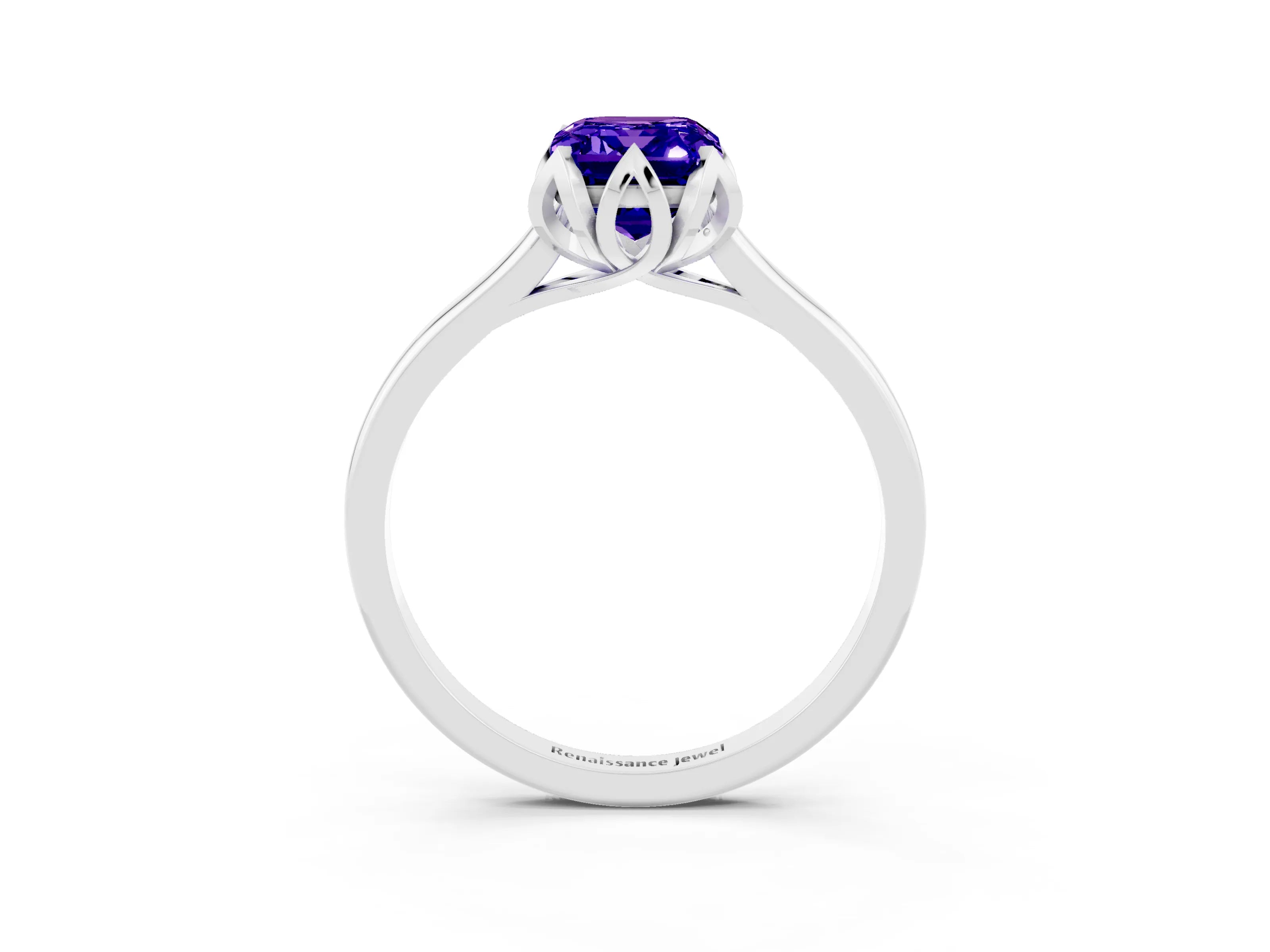 White gold Emerald Cut Tanzanite Solitaire Ring with Flower Prong Setting and Classic Band_15