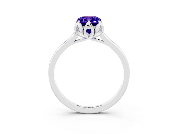 Silver Emerald Cut Tanzanite Solitaire Ring with Flower Prong Setting and Classic Band