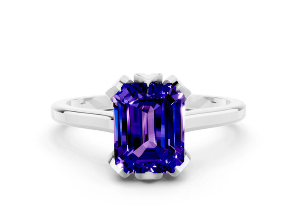 White gold Emerald Cut Tanzanite Solitaire Ring with Flower Prong Setting and Classic Band