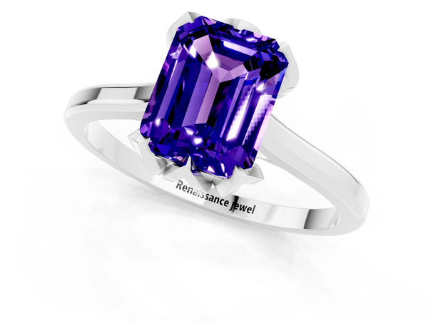 White gold Emerald Cut Tanzanite Solitaire Ring with Flower Prong Setting and Classic Band