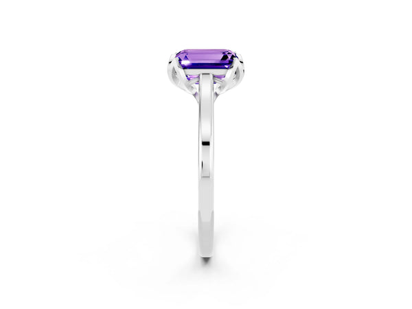 White gold Emerald Cut Tanzanite Solitaire Ring with Flower Prong Setting and Classic Band