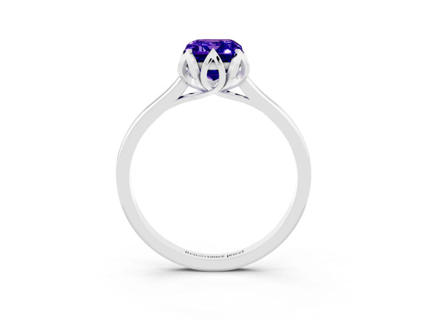 White gold Emerald Cut Tanzanite Solitaire Ring with Flower Prong Setting and Classic Band