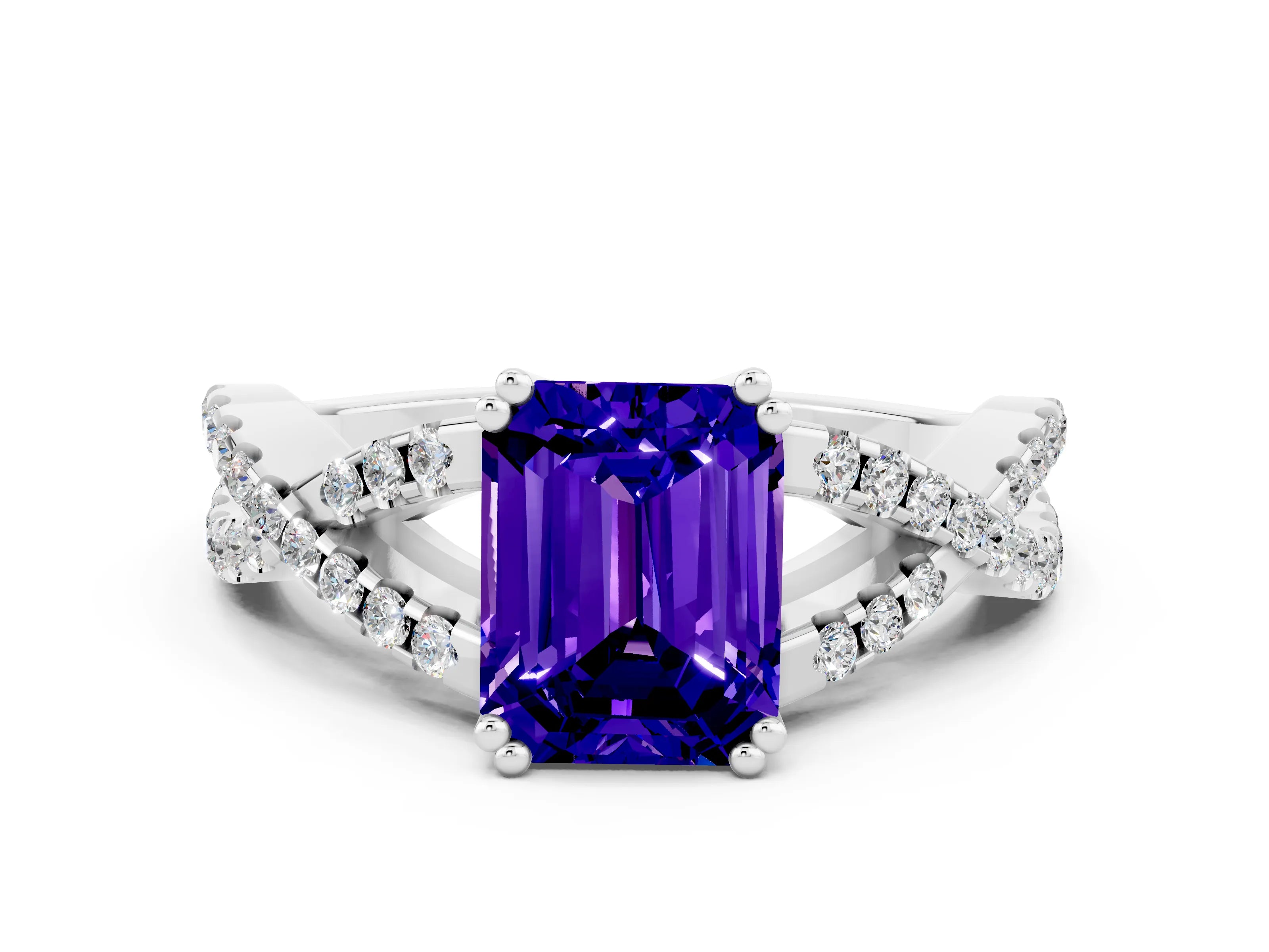 White gold Emerald Cut Tanzanite Solitaire Ring with Four-Prong Setting and Twisted Pavé Band