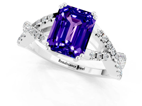 Platinum Emerald Cut Tanzanite Solitaire Ring with Four-Prong Setting and Twisted Pavé Band