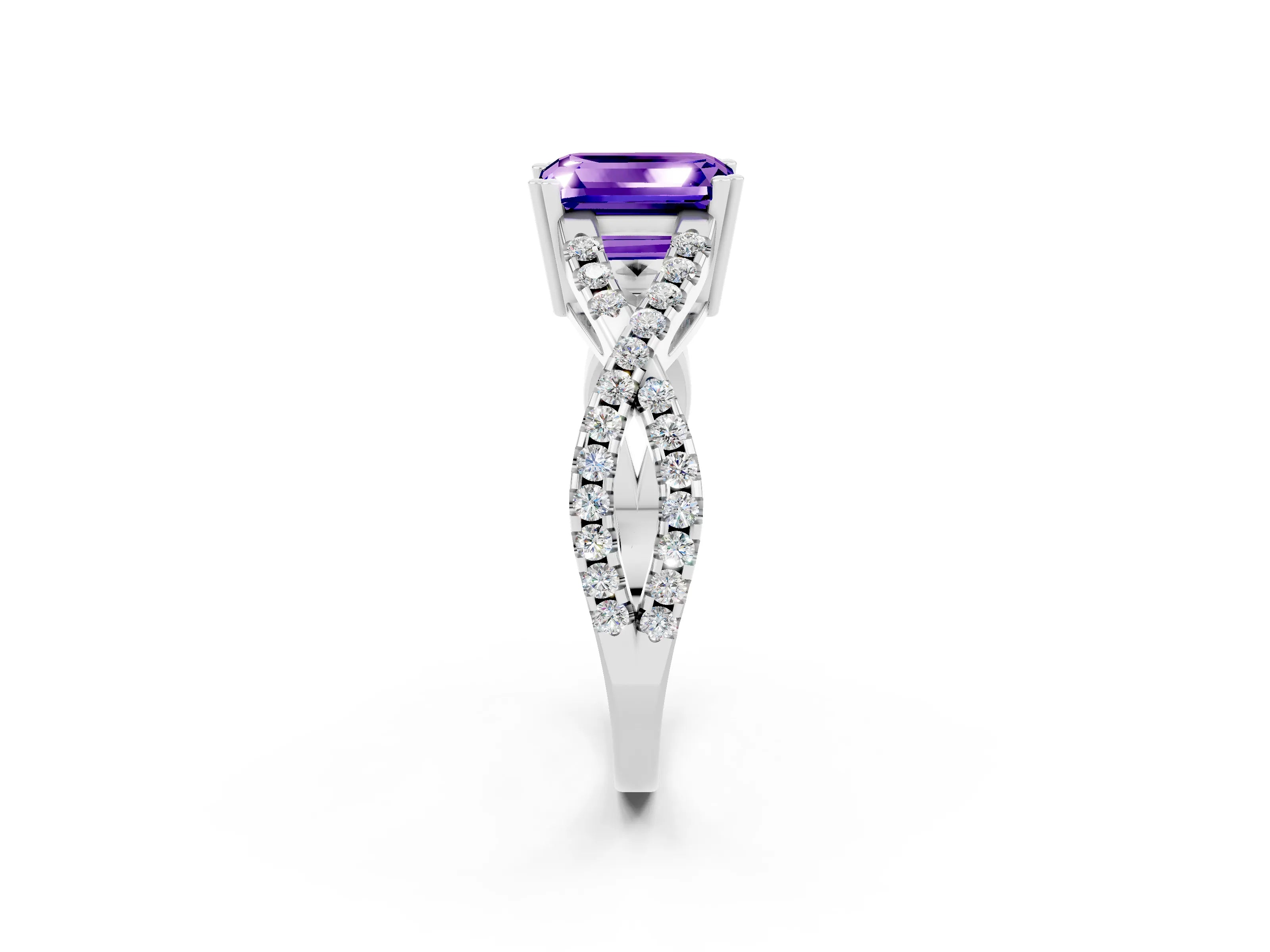 White gold Emerald Cut Tanzanite Solitaire Ring with Four-Prong Setting and Twisted Pavé Band_2