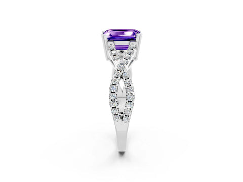 White gold Emerald Cut Tanzanite Solitaire Ring with Four-Prong Setting and Twisted Pavé Band_2