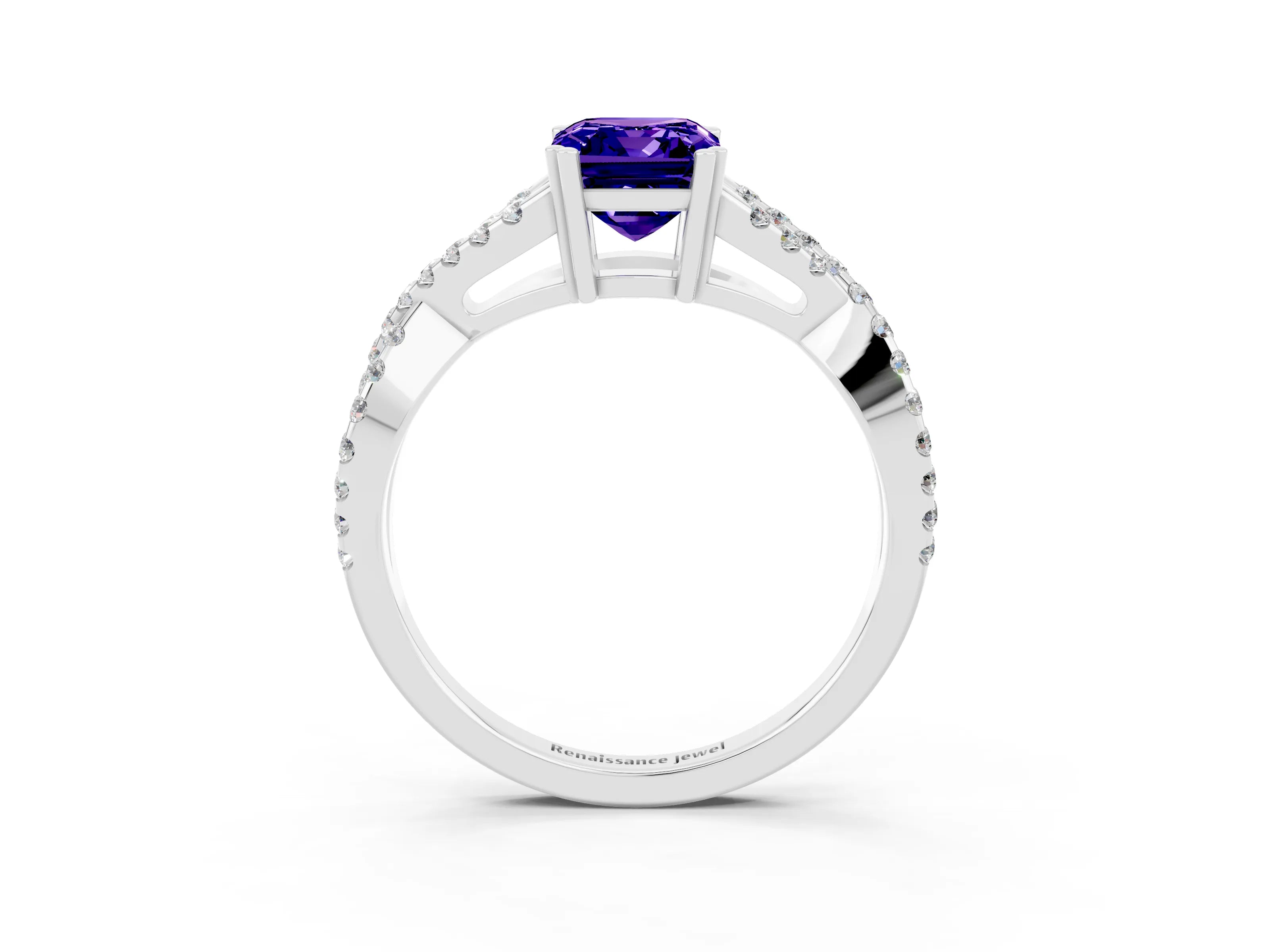White gold Emerald Cut Tanzanite Solitaire Ring with Four-Prong Setting and Twisted Pavé Band_3