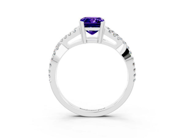 Silver Emerald Cut Tanzanite Solitaire Ring with Four-Prong Setting and Twisted Pavé Band